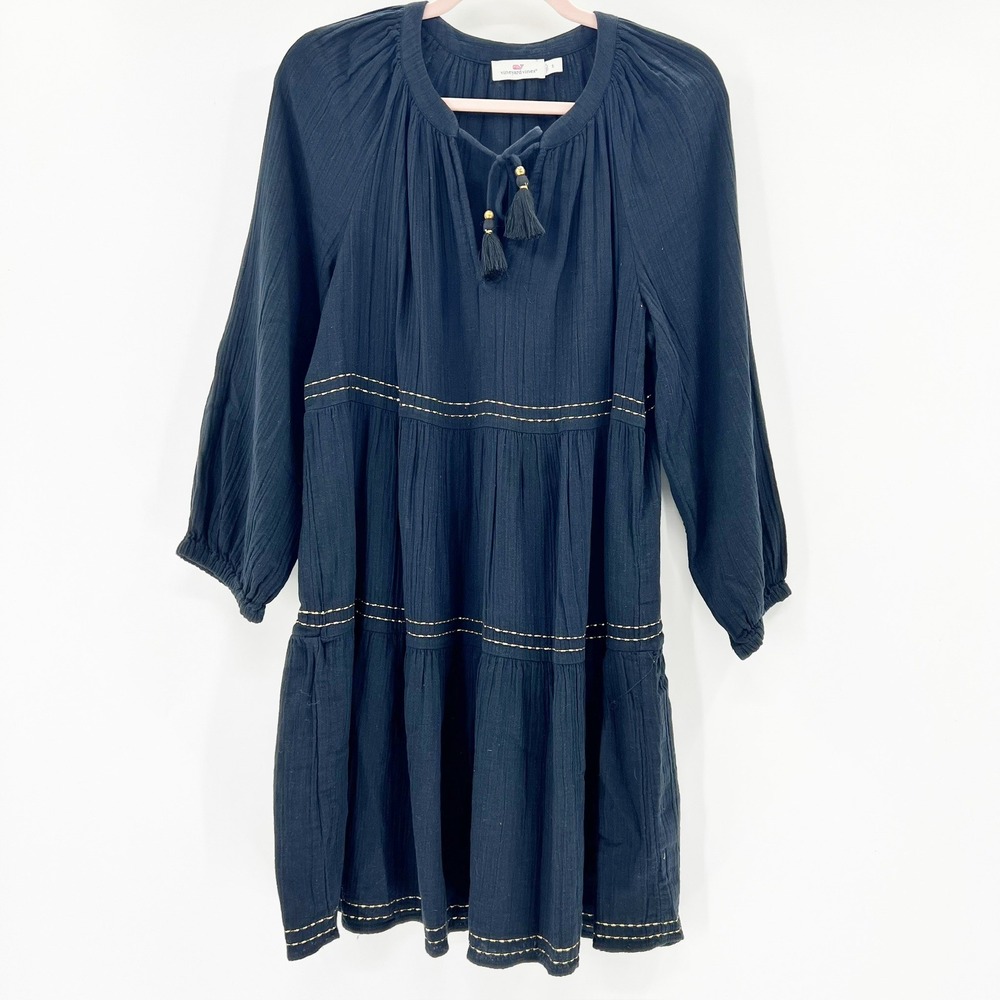 Vineyard Vines Tiered Gauze Dress Womens Small Navy Good Tassel Tie Boho Coastal